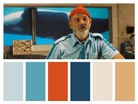 Wes Anderson Color Palette, Life Aquatic With Steve Zissou, Color In Film, The Life Aquatic, Movie Color Palette, Steve Zissou, Cinema Colours, Movie Decor, Color Script