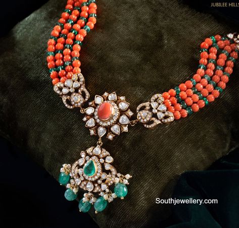 Coral beads necklace with polki pendant photo Coral Diamond Pendant, Coral Jewelry Set Gold, Coral Rose Jewellery, Coral Jhumkas, Coral Jewelry Indian Gold, Corals Jewellery, Pagadala Mala, Coral Jewelry Necklace, Coral Pendants