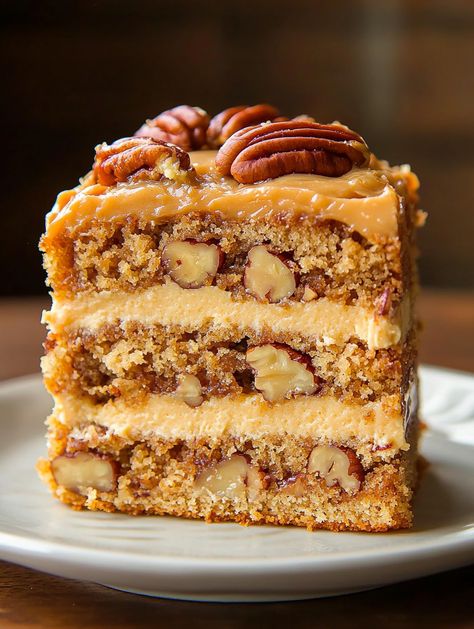 Ingredients:  2 cups flour 1 tsp baking powder ½ tsp salt 1 cup sugar ¾ cup butter 3 eggs ½ cup butterscotch sauce ½ cup chopped pecans  Instructions:   Mix dry ingredients, cream butter, and sugar, beat in eggs and butterscotch sauce.  Fold in chopped pecans.  Bake at 350°F (175°C) for 30 minutes.  A slice reveals rich butterscotch and crunchy pecans throughout. Butterscotch Cake, Butterscotch Sauce, Jiffy Cornbread, Pecan Cake, Cheap Meal Ideas, Cream Butter, Simple Family Meals, Cake Layers, Crunchy Pecans