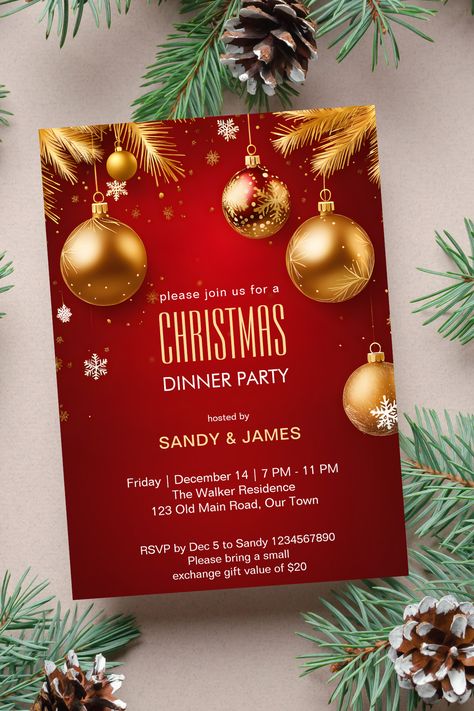 Christmas dinner party template invitation digital download red and gold chic elegant Christmas card Christmas Invitations Ideas, Ideas Cena, Christmas Card Invitation, Xmas Invitations, Christmas Poster Design, Christmas Invitation Card, Holiday Lunch, Red Gold Christmas, Spa Studio