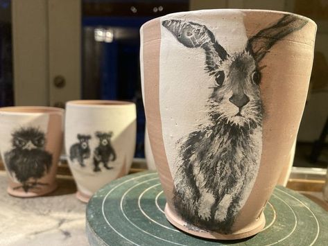 Underglaze Pencil, Wheel Thrown, Pencil Drawing, Rabbits, Ceramic Pottery, Line Drawing, Pencil Drawings, Stoneware, Wheel