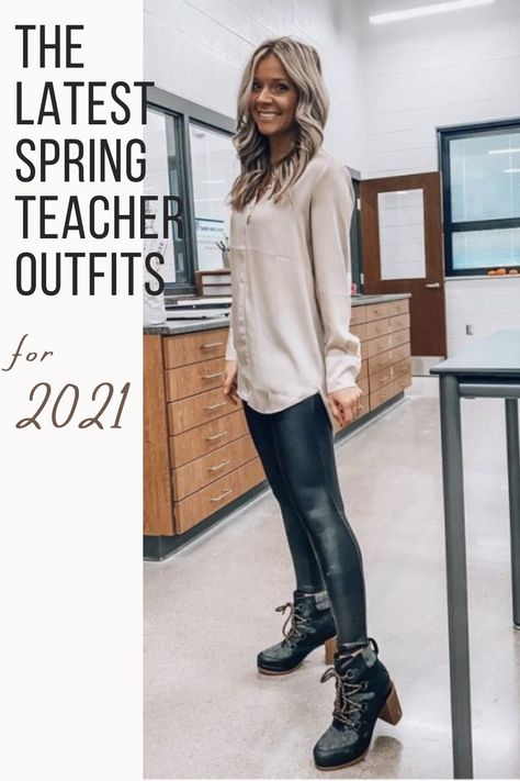 Leather Pants Teacher Outfit, Teacher Leggings Outfit Spring, Spring Leggings Outfit Work, Leggings Teacher Outfit, Legging Work Outfit, Teacher Legging Outfits, Leggings Outfit Work, Leggings Work Outfit, Spring Picture Outfits