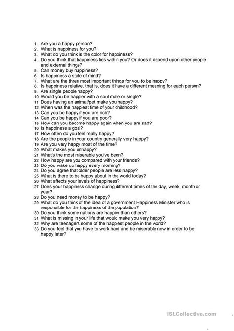 Are you a happy person? Conversation questions - English ESL Worksheets for distance learning and physical classrooms Can Money Buy Happiness, Open Questions, Speaking Cards, Character Qualities, Conversation Questions, What Is Happiness, Happy Person, Open Ended Questions, Discussion Starters