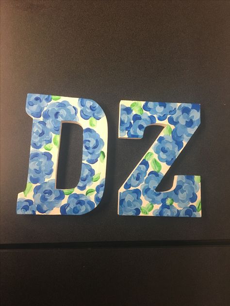 Delta Zeta painted letters Wood Greek Letters Painted, Painted Greek Letters Ideas, Delta Zeta Letters Painted, Sorority Wooden Letters Decorated, Blue Sorority Letters, Dz Letters Painted, Greek Letters Painted Sorority, Sorority Letter Designs, Sorority Letters Painted Wooden Big