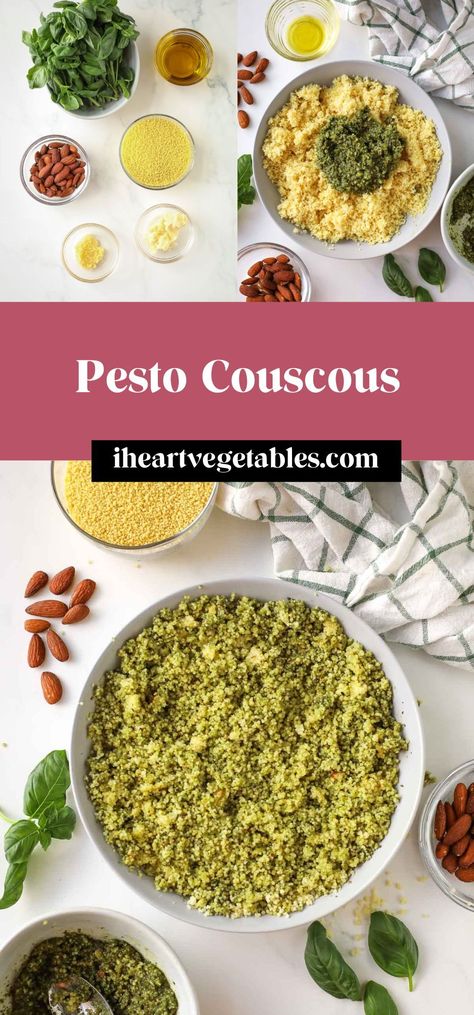 This pesto couscous recipe is a flavorful and easy side dish that is perfect to pair with just about anything! Made with fluffy couscous and an easy homemade pesto, this dish is simple yet delicious. Pesto Couscous, Simple Couscous Recipes, Making Couscous, Vegetable Couscous, Couscous Recipe, Couscous Recipes, Vegan Pesto, Easy Side Dish, Homemade Pesto