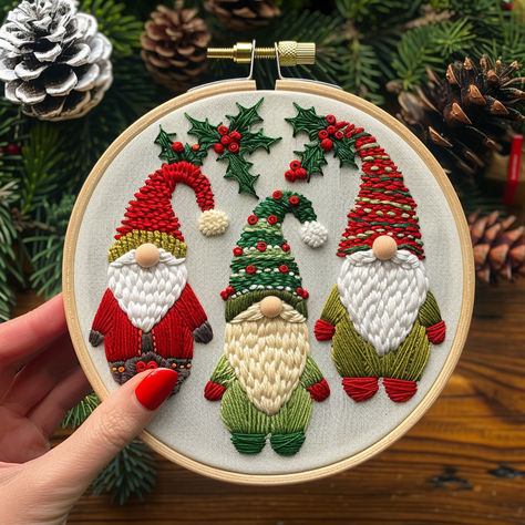 Let's stitch this charming hand embroidery pattern featuring three festive gnomes 🎄. Perfect for holiday decor, this pattern is designed for an embroidery hoop. Instant download pattern. #HandEmbroidery #HolidayDecor #FestiveGnomes #EmbroideryPattern #DIYCrafts Gnome Embroidery Patterns Free, Christmas Gnome Embroidery, Hand Embroidered Christmas Ornaments, Embroidery Hoop Christmas Ornaments, Embroidery Winter, Winter Embroidery, Christmas Embroidery Patterns, Embroidery Christmas, Christmas Gnomes