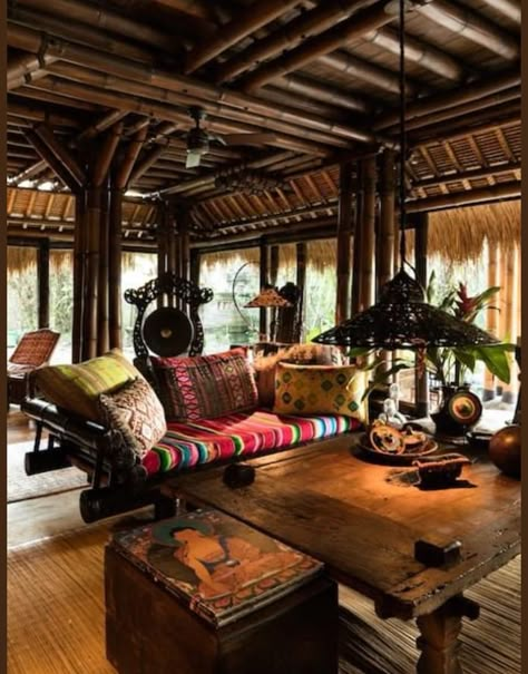 Tropical Patio Decorating Ideas, Balinese Interior Design, Modern Tropical Living Room, Tropical Living Room Ideas, Bat Decorations On Wall, Bamboo Villa, Balinese Architecture, Balinese Interior, Patio Decorating Ideas Modern