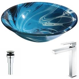 ANZZI Symphony Series Lustrous Dark Blue Tempered Glass Round Vessel Bathroom Sink with Faucet (Drain Included) Corner Sink Bathroom, Wall Mounted Bathroom Sinks, Rectangular Sink Bathroom, Brushed Nickel Faucet, Bohemia Glass, Contemporary Bathroom Sinks, Drain Opener, Glass Vessel Sinks, Vessel Faucets