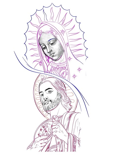 St Jude Drawing, Virgin Mary And San Judas Tattoo, San Judas And Virgen Tattoo Together, San Judas Tadeo Drawing, San Judas Drawing, San Judas Tattoo, Hand Tattoo Designs, Cute Tattoos On Wrist, Mary Tattoo