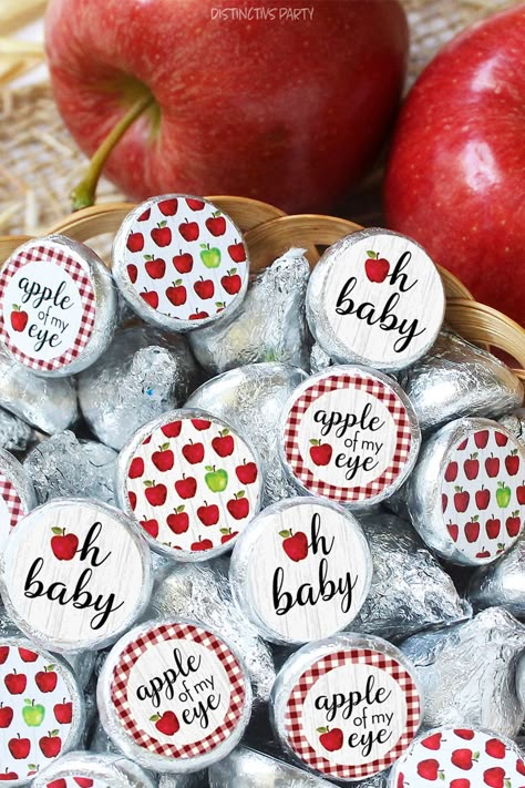 These apple themed baby shower favor stickers are the perfect finishing touch to your autumn baby shower decorations. Whether it's an apple picking orchard party or a Fall farmhouse occasion, these adorable labels make a great party favor treat that your guests will love! #appleorchardparty #applebabyshower #appleofmyeye #fallbabyshower Apple Themed Baby Shower Ideas, Baby Shower Apple Theme, Apple Of Our Eye Baby Shower Decor, Fall Apple Baby Shower Ideas, Apple Table Decorations, Apple Of Our Eye Baby Shower Ideas, Apple Baby Shower Theme, Apple Of My Eye Baby Shower Ideas, Caramel Apple Bridal Shower Favors