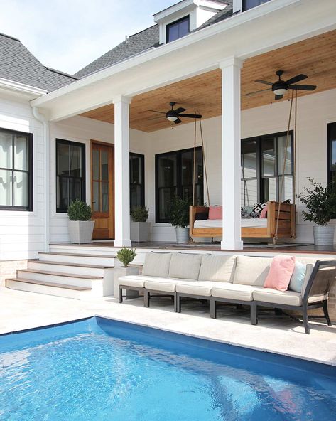 The Pros of Owning a Pool - Plank and Pillow Farmhouse Backyard With Pool, Plank And Pillow, Outdoor Farmhouse, Living Pool, Modern Farmhouse Exterior, Farmhouse Exterior, Farmhouse Plans, House Goals, Backyards