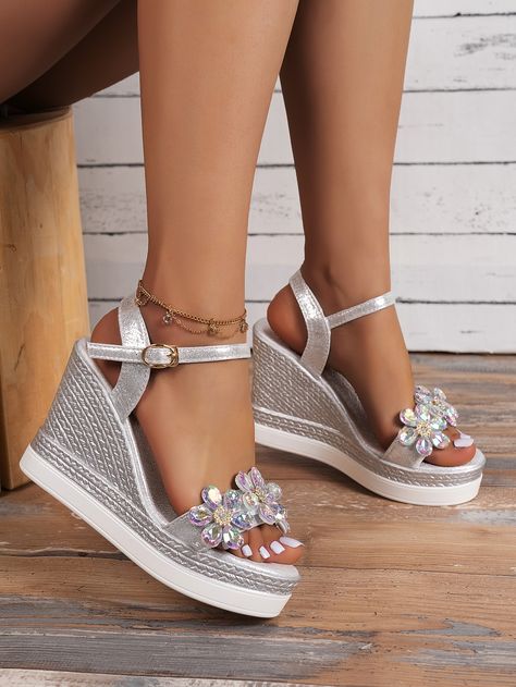 Silver Wedge Sandals, Silver Wedges, Rhinestone Decor, Arte Popular, Barbie Clothes, Ankle Strap Sandals, Cute Shoes, Strap Sandals, Wedge Sandals