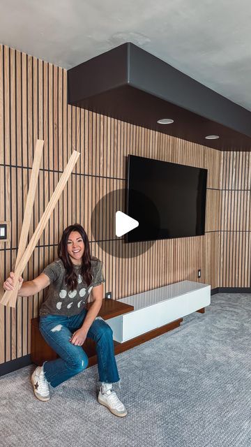 Mysha Bolen| DIY Interior Designer on Instagram: "To everyone thinking I could never do this… YOU TOTALLY CAN! … And I’ll show you how! I am so excited about how this modern media wall has come together. Have I succeeded in cooperating the ugly soffits into a cool design??? Vote below! Wood slats from @weaberlumber . . Comment ⭐️LINK⭐️ and I’ll dm you direct links to my tools used, supply list, wood slats, paint color, paintable outlets, and full tutorial! #weaberlumber #makeitweaber" Slat Wall Tv Ideas, Modern Media Wall, Fence Gate Design, Wood Slat Wall, Wall Borders, Kitchen Pantry Design, Acoustic Wall, Cute Bedroom Decor, Media Wall