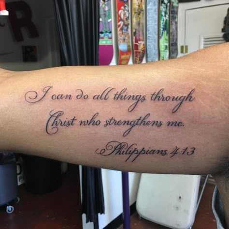 Bible Verse Neck Tattoo, Men Bible Verse Tattoos, 2001 Tattoo Design, Philippians 4 13 Tattoo Women, Phil 4 13 Tattoo, Philippines 4 13 Tattoo, First Tattoo Tips, Typographic Tattoo, Jesus Tattoos