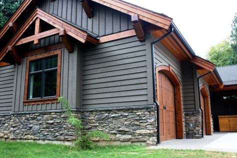 Picture-188 Manufactured Home Diy Ideas, Rock And Cedar Shake Exterior, House Exterior Rock Stones, Adirondack Style Homes Exterior, Flat Front House Exterior, Paint Color That Looks Like Cedar, Traditional Home Remodel, Vertical Siding Exterior Ranch, Charcoal Exterior House Colors