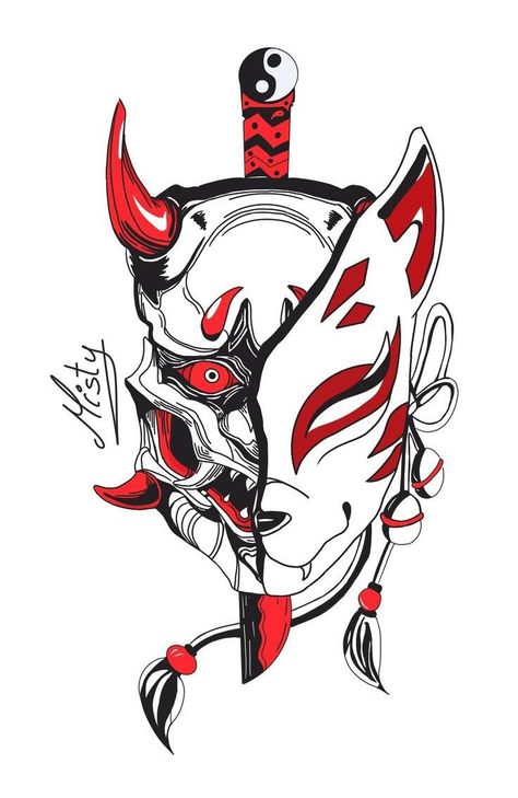 Traditional Japanese Kitsune Tattoo, Oni Mask Painting, Kitsune Back Tattoo, Anime Mask Tattoo, Fox Forearm Tattoo, Japanese Sakura Tattoo, Kitsune Mask Tattoo Design, Kitsune Mask Drawing, Kitsune Mask Art