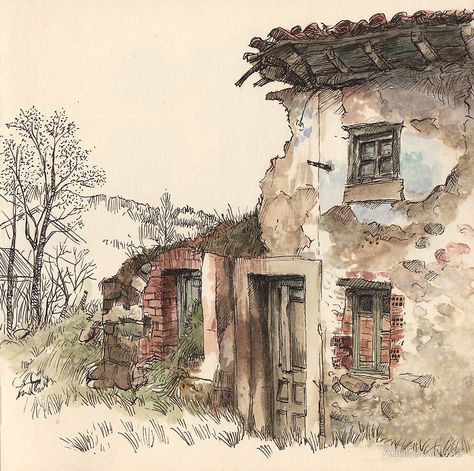 "Ruined house" by Adolfo Arranz | Redbubble Grafik Art, Life Sketch, Watercolor Architecture, House Sketch, Watercolor Painting Techniques, 수채화 그림, Urban Sketchers, Lukisan Cat Air, Arte Sketchbook