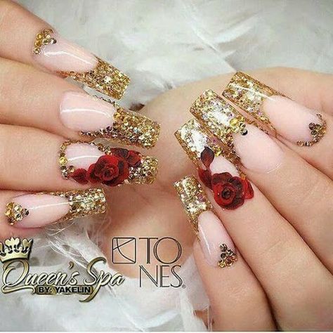 Beauty And The Beast Nails Acrylic Long, Beauty And The Beast Quinceanera Makeup, Beauty And The Beast Quinceanera Nails, Beauty And The Beast Quince Nails, Beauty And Beast Nails, Beauty And The Beast Inspired Nails, Beauty And The Beast Nails Acrylic, Red And Gold Quince Nails, Beauty And The Beast Nails Designs