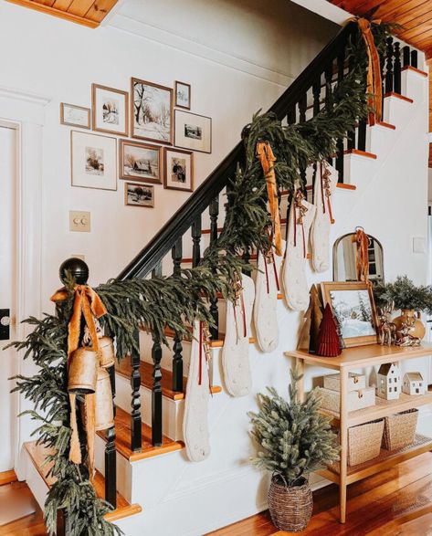 Stockings On Shelves, Staircase Stocking Ideas, Stockings On Railing, Stairs Christmas Garland, Stocking On Staircase, Stockings On Banister, Christmas Ledge Decorating Ideas, Stockings Hung On Stairs, Stockings On Blanket Ladder