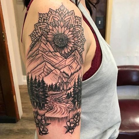 Beautiful mandala landscape  by Dan Dozier of Primal Decor. Mandala Arm Tattoo, Natur Tattoo Arm, Mother Nature Tattoos, Nature Tattoo Sleeve, Half Sleeve Tattoos Drawings, Tattoos For Women Half Sleeve, Landscape Tattoo, Beautiful Mandala, Butterfly Tattoos