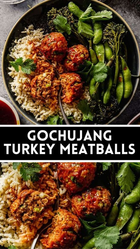 These Korean Turkey Gochujang Meatballs are the ultimate weeknight dinner. All cooked on one sheet pan, it couldn’t be easier to prep, cook or clean up. And don’t forget the bell of the ball—a simple yet spectacular sweet and tangy gochujang drizzle sauce. Gochujang Meatballs, Korean Turkey, Gochujang Recipe, Meatballs And Rice, Bulgogi Recipe, Meatball Dinner, Turkey Meatball Recipe, Korean Recipes, Turkey Meatballs