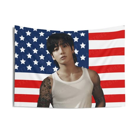 Hey there, fellow ARMY! 🌟 Get ready to turn your room into a BTS paradise with our BTS Jungkook in White Tank Top Flag Banner! 📸💜 Jungkook, with his jaw-dropping visuals, stunning tattoos, and undeniable sexiness, is about to bring the heat to your space! 🔥😍 Our custom wall tapestry isn't just decor; it's a declaration of your love for the golden maknae himself. Crafted from top-quality 100% Polyester, it's not only soft but built to last. Those hemmed edges? They're there for extra durabil Jungkook American Flag, Jungkook Tank Top, Jungkook In White, Bts Wall Decor, Bts Ages, Stunning Tattoos, Army Family, Bring The Heat, First Love Bts