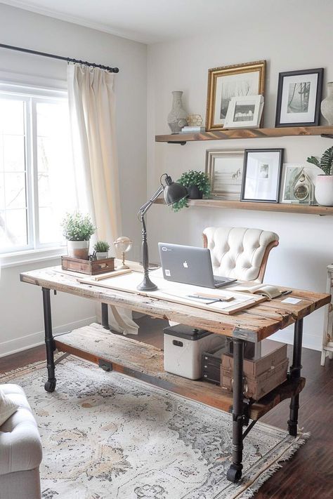 haven. She Shed Therapy Office, Office Interior Design Woman, Desk Facing Into Room, Barndominium Office Ideas, Small Rustic Office Ideas, Square Office Layout, Very Small Office Space Ideas, Small Home Office Organization Ideas, Modern Farmhouse Study