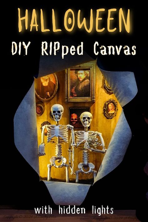 Halloween Busted Canvas Ideas, Busted Canvas Crafts Halloween, Loving Skeletons, Busted Canvas, Canvas Tutorial, Garden Decor Crafts, Fairy Candles, Halloween Tutorial, Quick And Easy Crafts