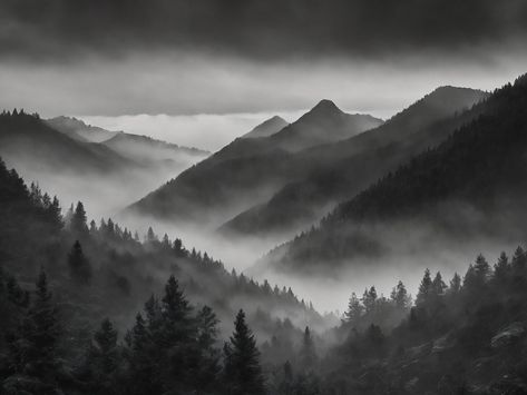 Mountain range digital art of mountains with fog wall art greyscale mountains digital art of foggy grey mountains wall art digital print art Grey Mountains, Pear Preserves, Fantasy Aesthetics, Rangers Apprentice, Dark & Stormy, Mountains Wall Art, Foggy Mountains, Dark Nature, Misty Grey