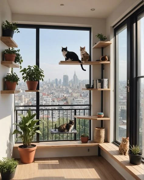 20 Unique Ways To Make Your Balcony Cat-Friendly – ToolzView Balcony Ideas Apartment Cat, Cat Paradise Home, Interior Design With Cats, Living With Cats Apartments, Cat Platform Ideas, Cat Wall Aesthetic, Cat Friendly Home Interior Design, Cat Furniture Aesthetic, Cat Friendly Apartment Decorating Ideas