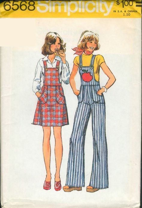 Wrap Skirt Pattern, Jumper Pattern, Patron Vintage, Simplicity Fashion, Jumper Patterns, 70’s Fashion, Bib Overalls, Sewing Pattern Sizes, Simplicity Patterns