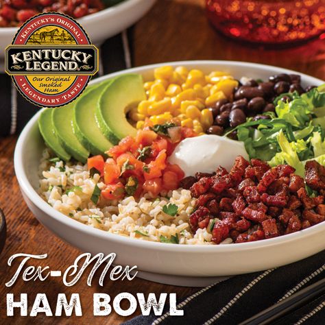 It's a whole fiesta in one bowl! This tasty ham, rice and black bean burrito bowl is loaded with fresh herbs and punches of lime, Tex-Mex seasoning, avocado and chipotle. Get recipe: https://kentuckylegend.com/recipe/tex-mex-ham-bowl/ #KentuckyLegend #WhereFoodOughtaComeFrom Ham Bowl, Black Bean Burrito Bowl, Bean Burrito Bowl, Ham Rice, Black Bean Burrito, Ham Dishes, Bean Burrito, Healthy Spring Recipes, Chipotle Sauce