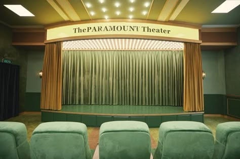 70s Stage Design, Wes Anderson Aesthetic, Contemporary Theatre, 70s Interior, Septième Art, Camera Obscura, Design Room, Theater Seating, Hotel Furniture