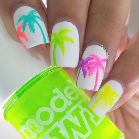 Neon Palm Tree Nails Nail Polish Ideas Easy, Summer Nails Neon, Palm Tree Nail Art, Palm Nails, Tree Nail Art, Palm Tree Nails, Neon Nail Designs, Tropical Nails, Tree Nails