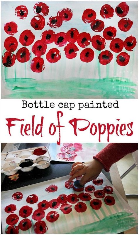 Bottle cap painted field of poppies art - to observe the symbol of the red poppy flower to help kids learn about and commemorate Anzac Day, Remembrance Day or Veterans' Day. Poppy Handprint Craft, Remembrance Day Art For Preschoolers, Remembrance Day Poem Kindergarten, Poppy Toddler Craft, Anzac Day Crafts For Kids, Poppy Crafts For Toddlers, Remembrance Day Crafts For Preschoolers, Remembrance Day Eyfs, Remembrance Day Art Kindergarten