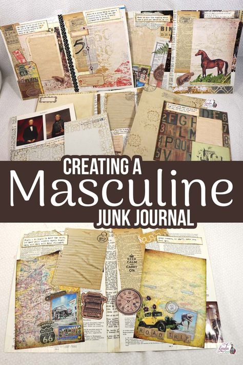 Masculine Journal Ideas, Masculine Junk Journal Ideas, Masculine Journal, Junk Journal Tutorial, Ephemera Ideas, Ephemera Journal, Paperclip Crafts, Masculine Art, Journaling Tips