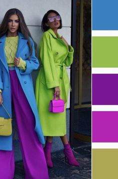 Color Palette For Clothes Outfit Ideas, Neon Clothes Outfits, Color Blocking Outfits Summer, Block Colour Outfit, Chartreuse Outfit, Neon Outfit Ideas, Colour Blocking Fashion, Colour Combinations Fashion, Color Combos Outfit