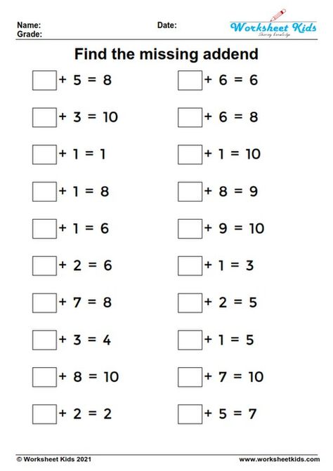 Mental Maths For Grade 2 Worksheets, Missing Addition Worksheet, Mental Math Grade 1 Worksheet, Missing Addends, Missing Addends First Grade, English Story Books, Mental Maths Worksheets, Missing Addend, First Grade Worksheets