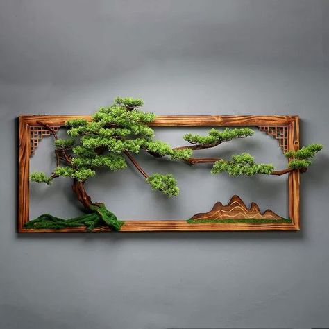 Cherry Blossom Bonsai Tree, Buddha Home Decor, Handmade Wood Crafts, Wood Wall Lamps, Driftwood Frame, Tree Frame, Moss Decor, Driftwood Wall, Hanging Plant Wall