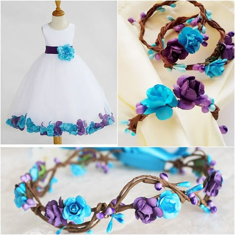 Turquoise & Purple Floral Crown, Beach Wedding Halo, Boho Bridal Headband, Beach Headpiece, Turquoise Wedding, Flower Girl Halo, Toddler by BrideToBeGifts on Etsy Seaside Wedding Decor, Purple Teal Wedding, Purple Floral Crown, Turquoise Wedding Theme, Purple Turquoise Wedding, Garden Wedding Table, Nautical Wedding Decor, Boho Bridal Headband, Wedding Crown Flower