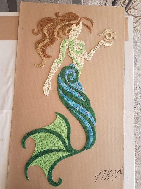 Mermaid Mosaic Pattern, Mosaic Mermaid Ideas, Mosaic Surfboards, Mosaic Mermaid, Mermaid Mosaic, Seed Art, Mosaic Rocks, Mosaic Pots, Mermaid Statues