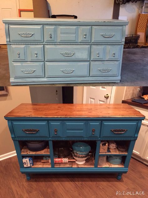 Transform a dresser to a kitchen island. Pieced Together Kitchen, Upcycled Dresser Kitchen Island, Dresser Cabinet Kitchen, Dresser Into Cabinet, Dresser To Kitchen Island Diy, Refurbished Kitchen Island, Kitchen Made From Old Furniture, Dresser To Island Kitchen, Long Dresser Repurposed Ideas