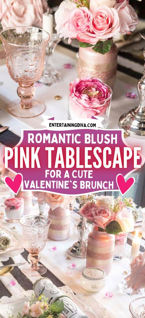 This blush pink, white and black tablescape is gorgeous! It would be perfect table decor for a bridal shower or baby shower...or just for having a beautiful dinner party with friends. Black Tablescape, Dinner Party Tablescapes, Pink Table Settings, Diy Floral Centerpieces, Pink Tablescape, Valentines Brunch, Blush Pink Bridal Shower, Romantic Table Setting, Pink Centerpieces