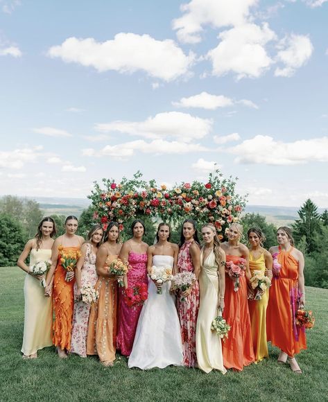 Floral Bridesmaid Dresses Mismatched Spring, Red Wedding Colors Palette, Colorful Summer Bridesmaid Dresses, Summer Wedding Bright Colors, Mix Color Bridesmaid Dresses, Unique Bridal Party Colors, Colorful November Wedding, Fuscia Bridesmaids Dress, Pink Orange And Yellow Bridesmaids