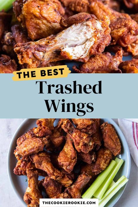 Trashed Wings might just be the BEST wings ever! Essentially, they're just chicken wings that are flash fried, coated in buffalo sauce, then fried again until they're deliciously crispy and fully cooked. Make a batch of these chicken wings for game day and watch them disappear! Double Fried Chicken, Gluten Free Wings, Fried Wings Recipe, Deep Fried Chicken Wings, Beef Recipe Instant Pot, Grilled Wings, Best Wings, The Cookie Rookie, Cookie Rookie