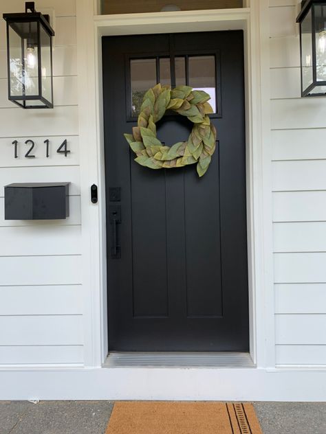 Shutters And Garage Door Colors, Black Front Door On Brick House, Black Door Front Porch, Front Door Hardware Black, Black Door White House, Black Front Door Colors, Peppercorn Front Door, Black Front Door Paint Color, Garage Door Ideas Curb Appeal