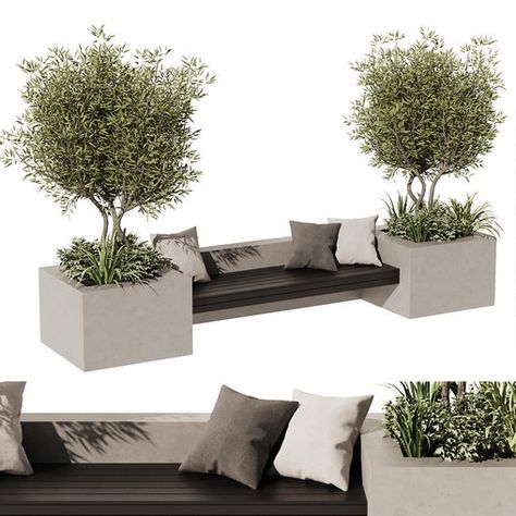 Outdoor Bench Olive V2 Modern Garden Bench Ideas, Outdoor Bench With Planters, Seating With Planter, Pot Plants Outdoor Patio, Zen Bench, Planter Seating, Concrete Bench Outdoor, Interior Fountain, Plant Bench