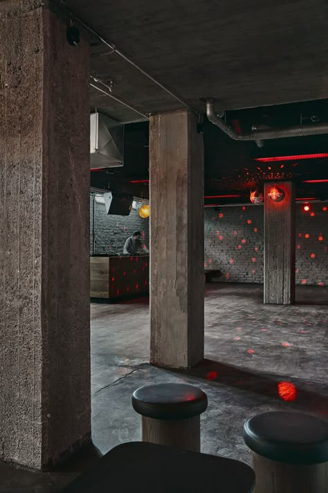 Industrial Interior Bar, Warehouse Bar, Brutalist Interior, Concrete Bar, Club Interior, Underground Bar, Night Bar, Nightclub Design, Music Studio Room