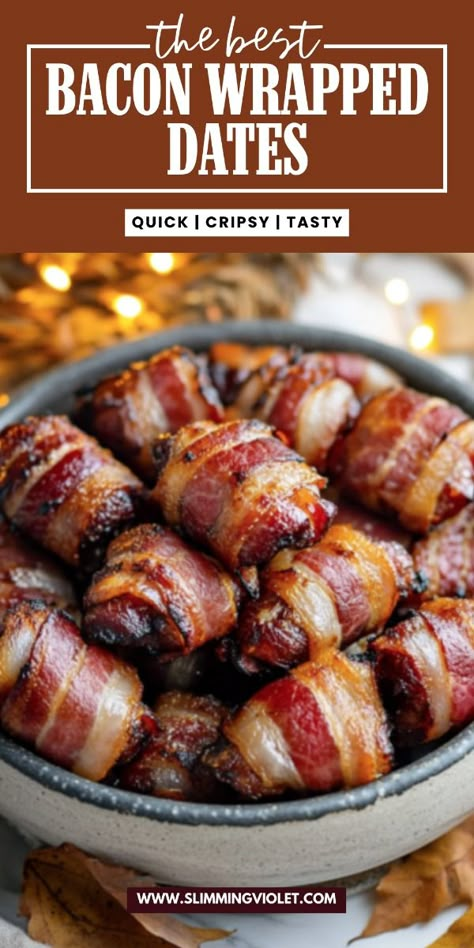 Bacon Wrapped Dates are a sweet and savory appetizer that everyone will love! The crispy bacon pairs perfectly with the chewy, caramel-like dates, creating a delicious bite-sized snack. They’re easy to make and great for parties, Thanksgiving, or holiday gatherings. Save this pin to add these crowd-pleasing bites to your next event menu! Dates And Bacon Appetizers, Dates Wrapped In Bacon Appetizers, Dates With Bacon Appetizer, Bacon Covered Dates, Bacon Wrapped Dates Air Fryer, Quick And Easy Gluten Free Appetizers, Date Bacon Appetizer, Bacon Dates Appetizer, Bacon Wrapped Dates Recipe