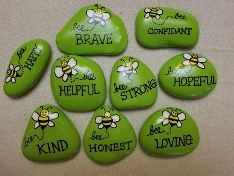 Bee Painted Rocks Ideas, Bee Rock Painting, Vintage Cherry Blossom, Rock Crafts Diy, Bee Rocks, Beach Rock Art, Catch All Dish, Inspirational Rocks, Garden Rock Art